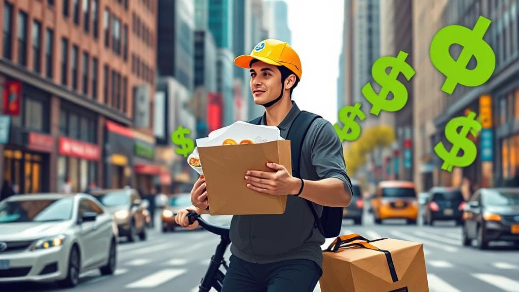 A DoorDash driver delivering food in a bustling cityscape, with dollar signs subtly integrated into the background.