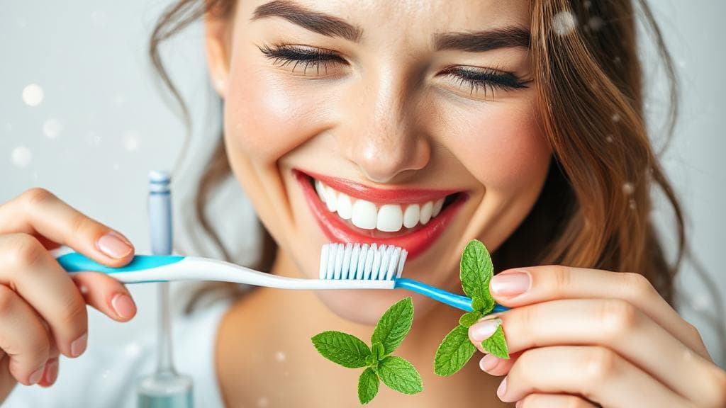 A bright, smiling person brushing their teeth with a toothbrush, surrounded by sparkling clean dental tools and fresh mint leaves.