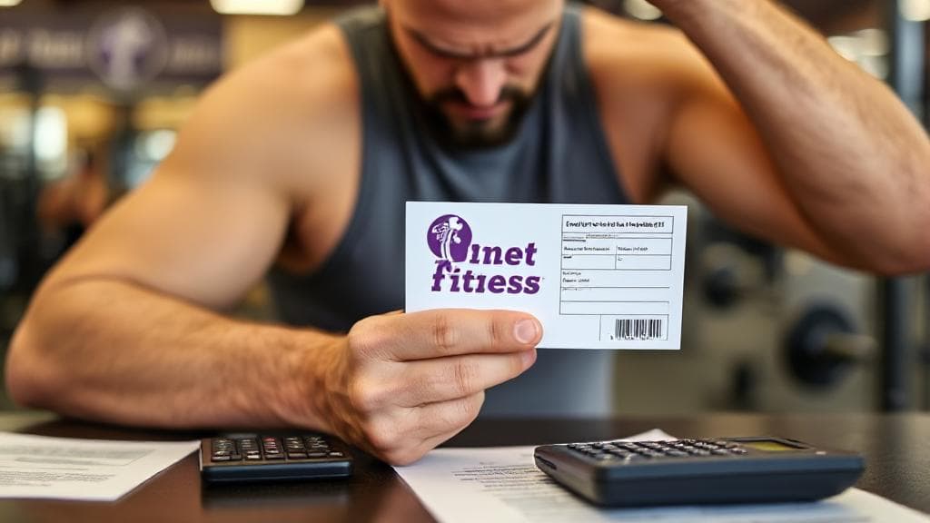A gym member looks frustrated while holding a Planet Fitness membership card, with cancellation paperwork and a calculator on a table nearby.