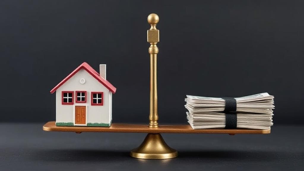 A balanced scale with a house on one side and a stack of bills on the other, symbolizing the decision to sell a home to alleviate financial burdens.