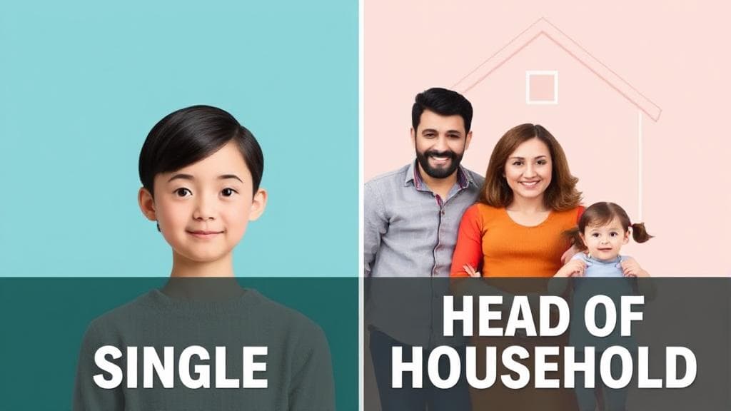 A split image depicting a single person on one side and a family on the other, symbolizing the choice between Single and Head of Household tax filing statuses.