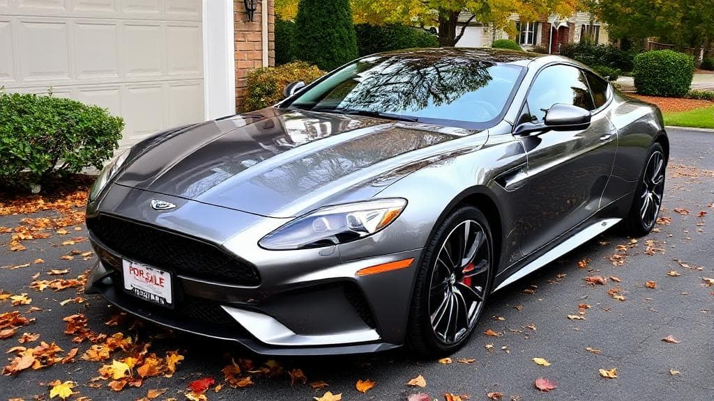 A sleek car parked in a driveway with a "For Sale" sign, surrounded by autumn leaves.