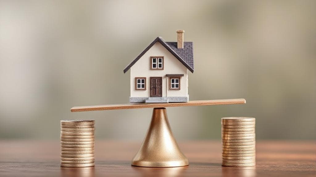 A balanced scale weighing a house against a stack of coins, symbolizing the evaluation of home insurance costs.