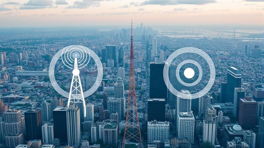 Aerial view of a cityscape with cell towers and network coverage icons overlaying the skyline.