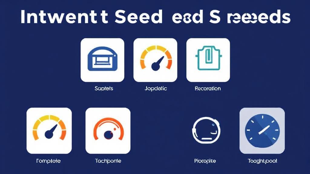 A graphic showing various internet speed icons with a speedometer gauge highlighting optimal performance.