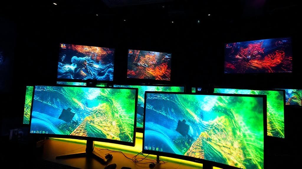 A vibrant setup featuring sleek, futuristic gaming monitors displaying vivid game scenes in a dark, immersive environment.