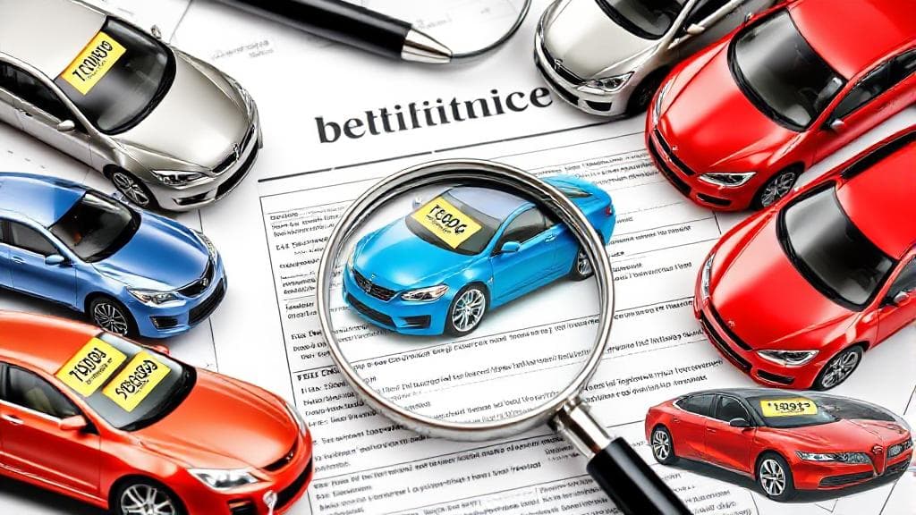 A collage of various car models with price tags, set against a backdrop of insurance policy documents and a magnifying glass.