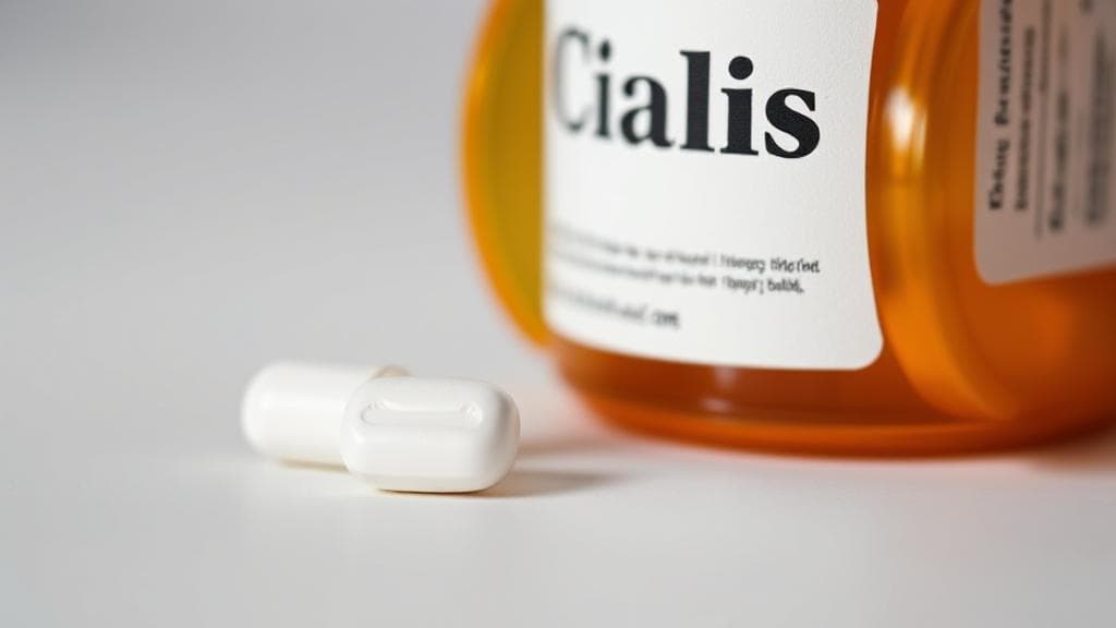 A close-up of a pill bottle labeled "Cialis" with a single pill beside it, set against a neutral background.