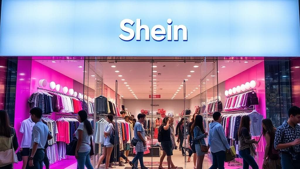 A vibrant storefront featuring the Shein logo, surrounded by trendy fashion displays and bustling shoppers, capturing the essence of the brand's retail experience.