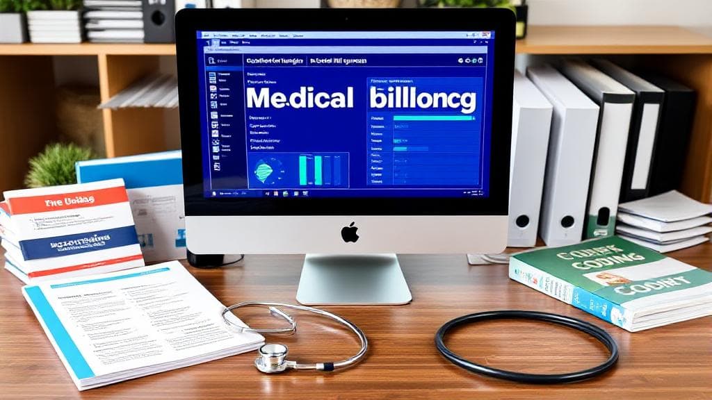 A professional workspace featuring a computer displaying medical billing software, surrounded by coding manuals and a stethoscope, symbolizing the intersection of healthcare and finance.
