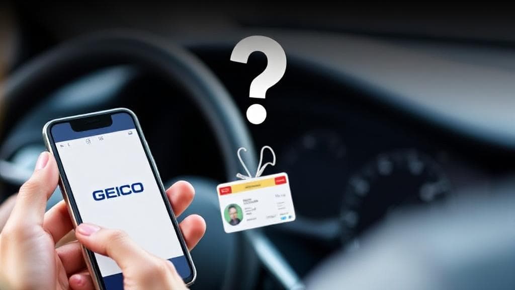 A header image featuring a person holding a smartphone displaying the GEICO app, with a car in the background and a question mark symbol hovering above a driver's license.
