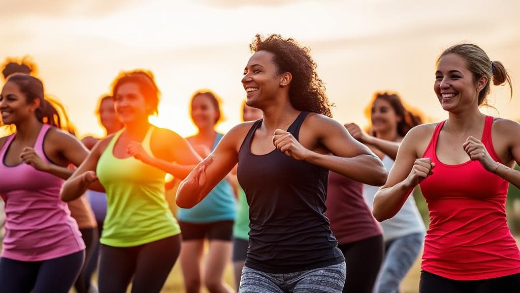 A diverse group of people exercising together outdoors, smiling and supporting each other, with a sunrise in the background symbolizing new beginnings and progress.