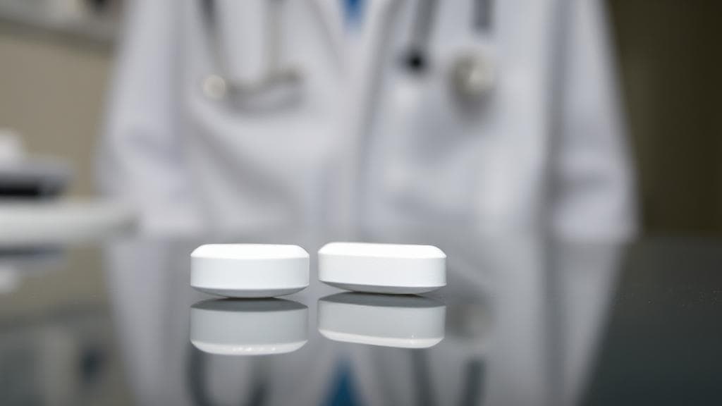 A close-up image of two Cialis tablets on a reflective surface, with a blurred background of a doctor's office.