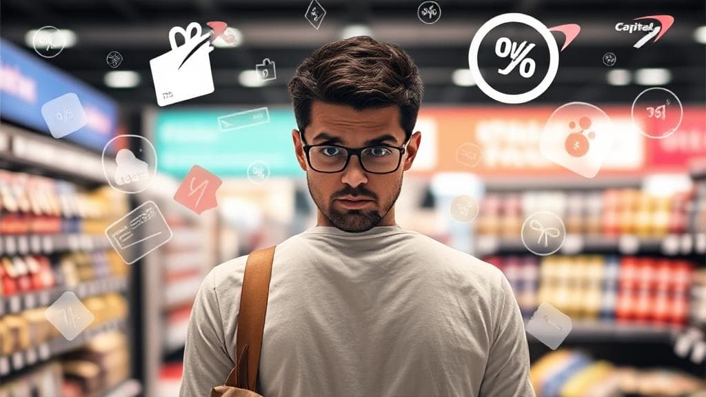 A shopper hesitates while browsing online, surrounded by digital price tags and discount icons, symbolizing the complexities of using Capital One Shopping.