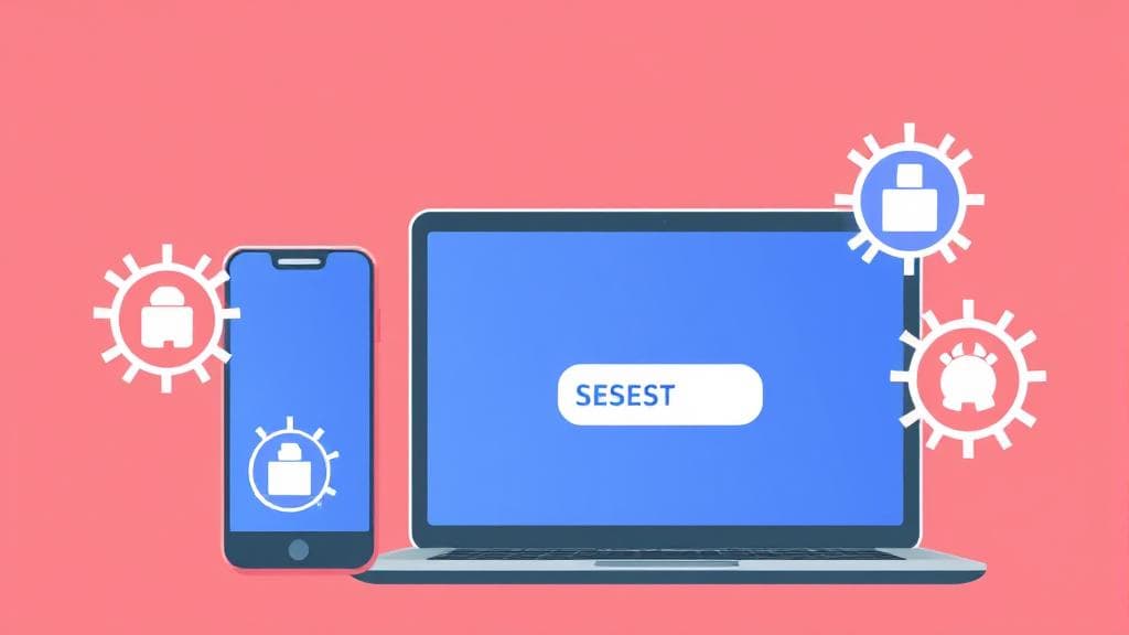 A digital illustration of a smartphone and laptop with a reset button, surrounded by virus icons being erased.