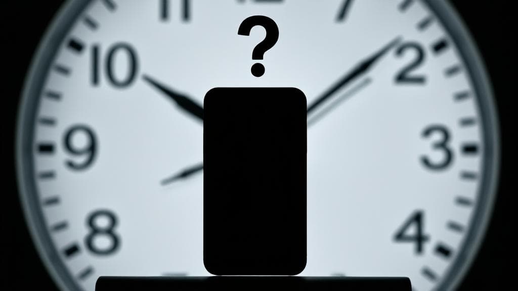 A sleek, futuristic iPhone silhouette with a question mark hovering above it, set against a backdrop of a ticking clock.