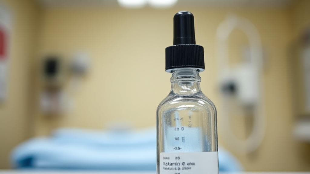 A close-up image of a ketamine nasal spray bottle with a soft-focus background of a medical clinic setting.