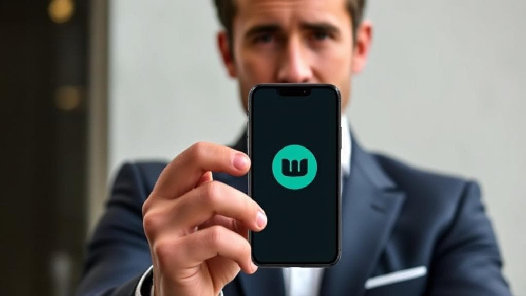 A sleek smartphone with Mint Mobile's logo displayed prominently, set against a backdrop of Ryan Reynolds in a business suit, exuding confidence and charisma.