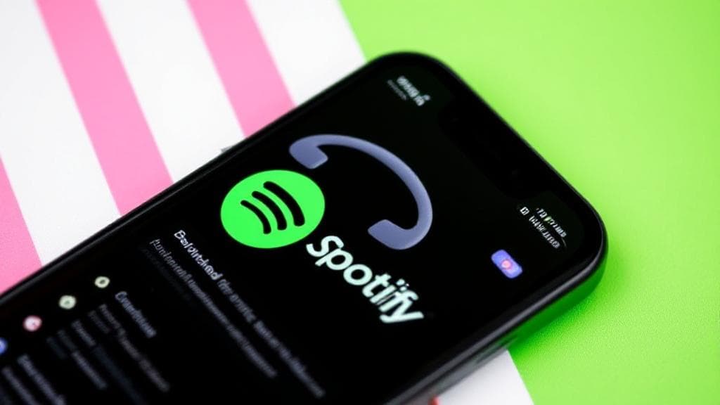 A smartphone displaying the Spotify app with headphones and a download icon, symbolizing offline music access.
