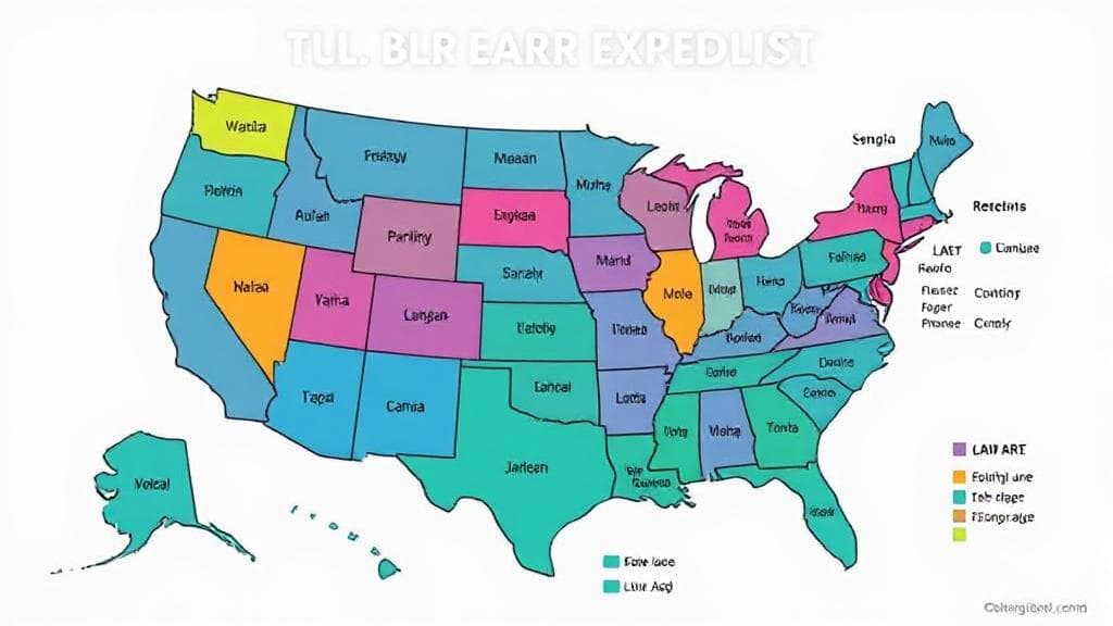 A colorful map of the United States highlighting each state's legal bartending age requirements.