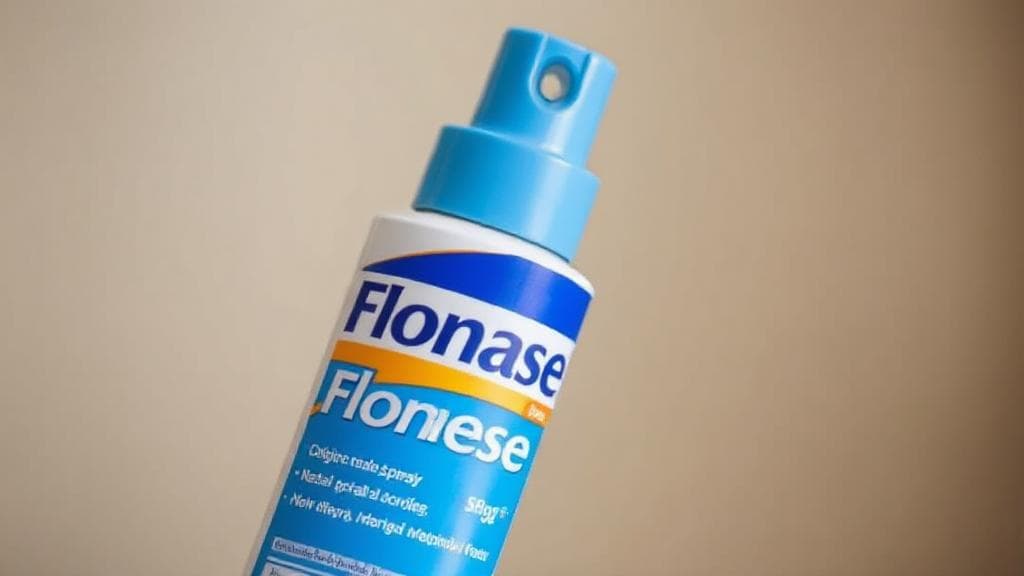 A close-up image of a Flonase nasal spray bottle against a soft, blurred background, emphasizing its use and safety.