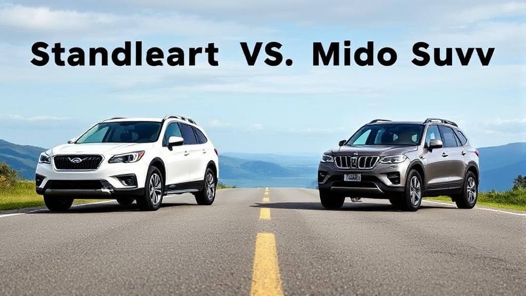 A dynamic side-by-side comparison of a standard SUV and a midsize SUV parked on a scenic road, highlighting their size differences.