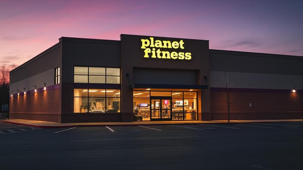 A vibrant image of a Planet Fitness gym exterior at dusk, with illuminated signage and a nearly empty parking lot, symbolizing closing time.