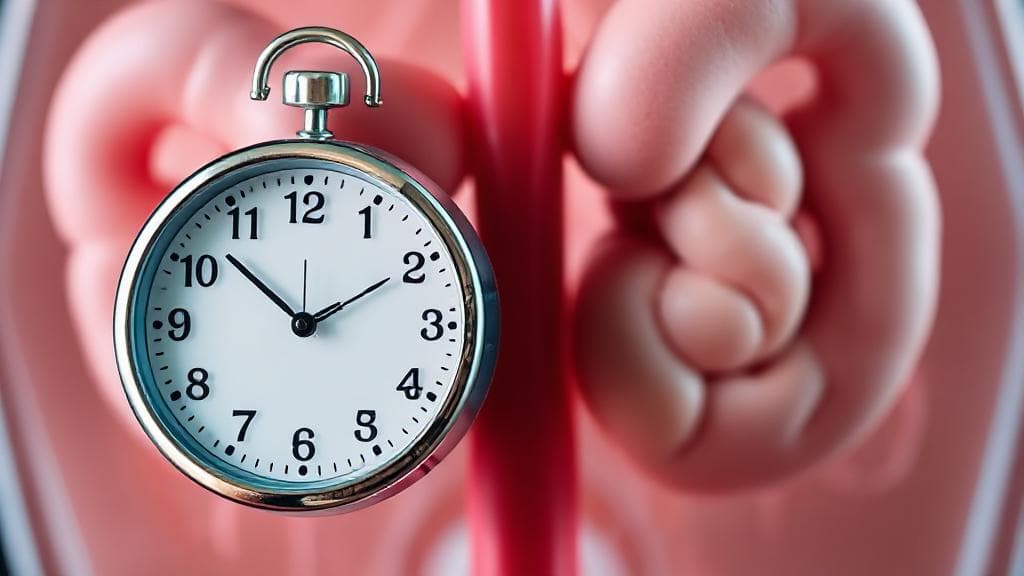 A close-up image of a clock face overlaid on a background of urinary tract anatomy, symbolizing the time it takes for nitrofurantoin to treat a UTI.