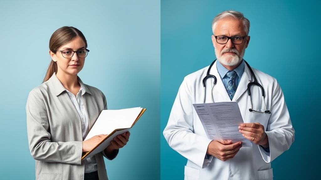 A split image depicting a psychologist with a notepad on one side and a psychiatrist with a prescription pad on the other, symbolizing their distinct roles in mental health care.