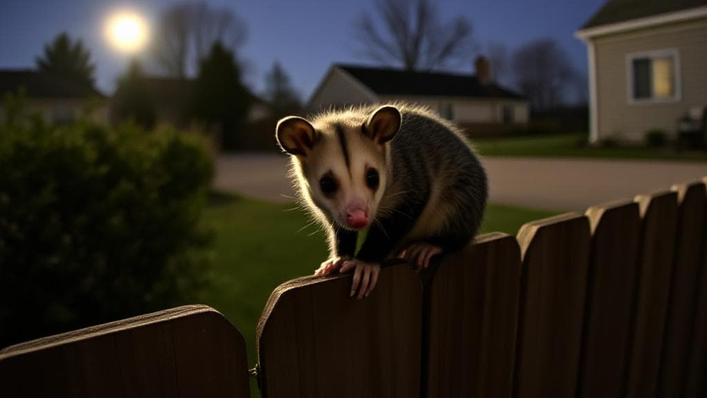 A curious possum perched on a backyard fence under moonlight, highlighting its gentle nature amidst suburban surroundings.
