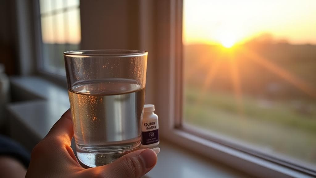 A serene morning scene with a person holding a glass of water and a Qulipta pill, set against a backdrop of a sunrise through a window.