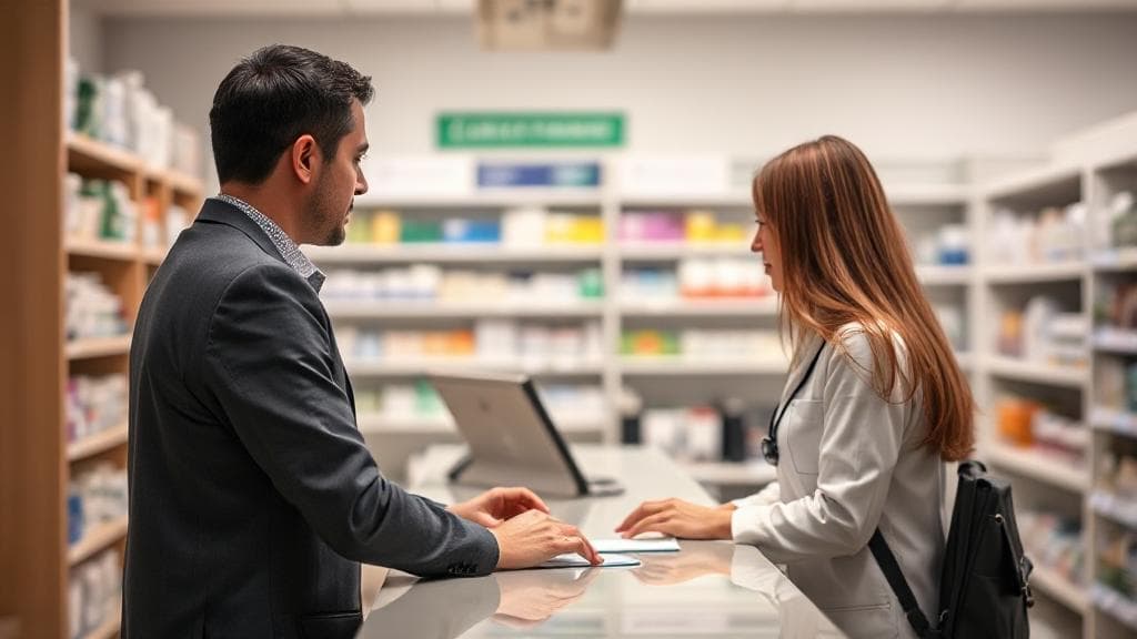 A discreet and professional image of a pharmacy counter with a pharmacist assisting a customer, symbolizing safe and legal access to medication.