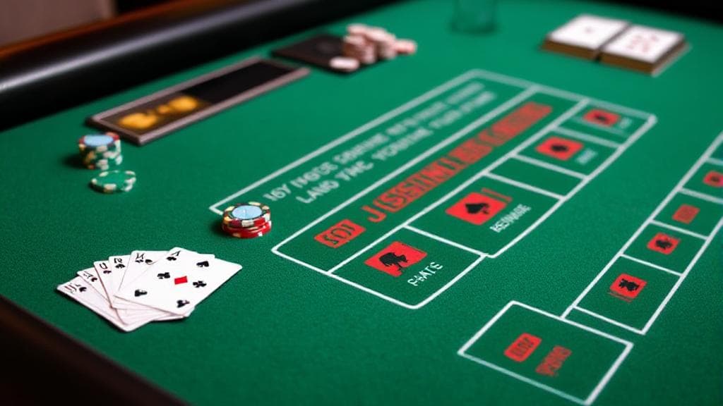 A sleek casino table with a green felt surface, featuring a deck of cards, poker chips, and a baccarat layout, inviting beginners to explore the game.