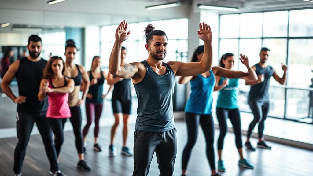 A dynamic image of a fitness trainer leading a diverse group workout session in a modern gym setting.