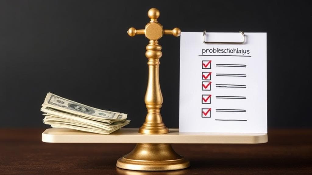 A balanced scale with money on one side and a checklist on the other, symbolizing the weighing of financial decisions in taking out a personal loan.