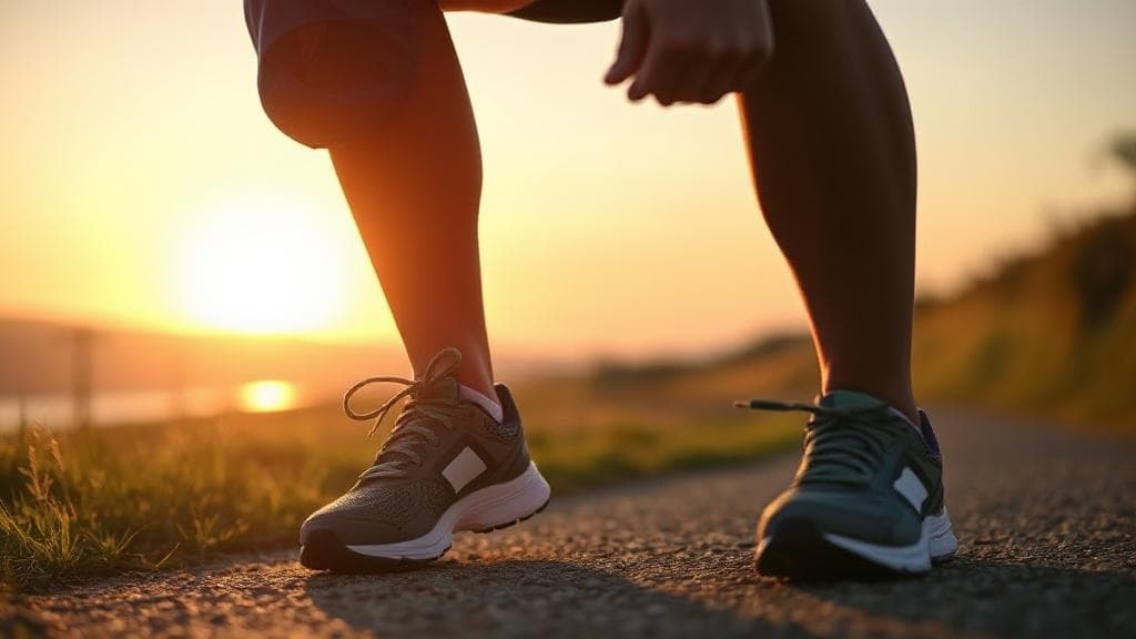 A cheerful runner laces up their shoes at sunrise on a scenic path, ready to begin their fitness journey.