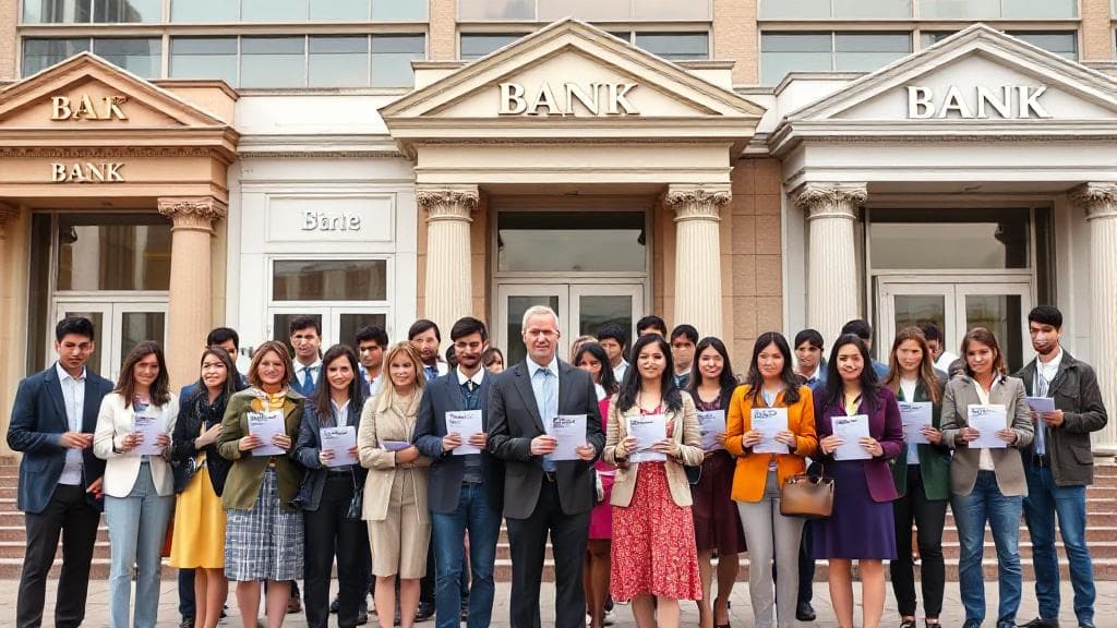 A diverse group of people standing in front of various bank buildings, each holding a checklist.