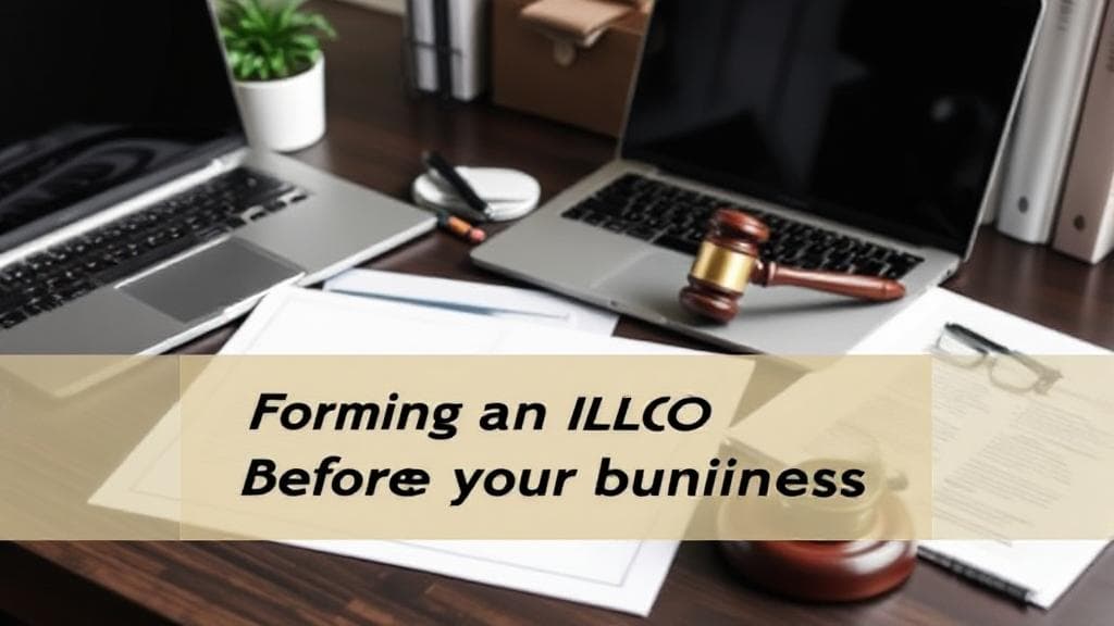 A professional workspace with a laptop, legal documents, and a coffee cup, symbolizing the strategic advantages of forming an LLC before launching a business.