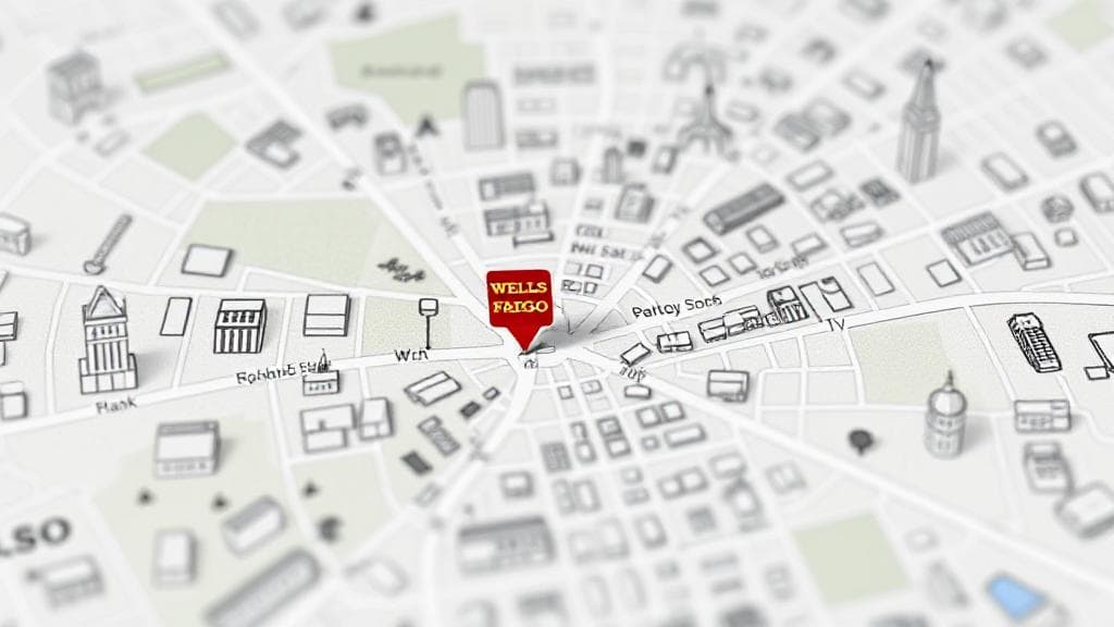 A city map with a highlighted pin marking the nearest Wells Fargo Bank location amidst other city landmarks.