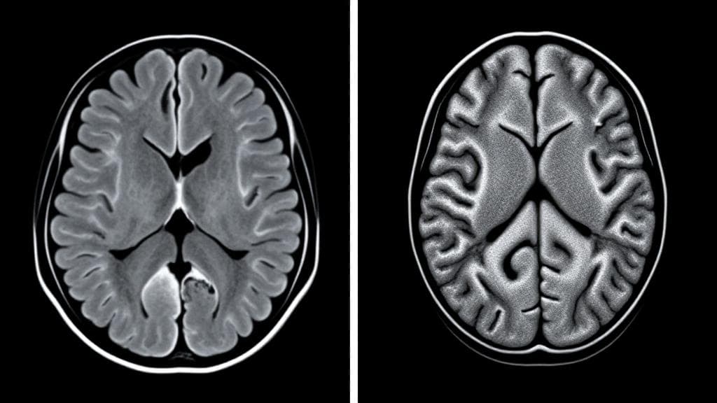 A split image contrasting a CT scan and an MRI of the brain, highlighting the differences in imaging techniques.
