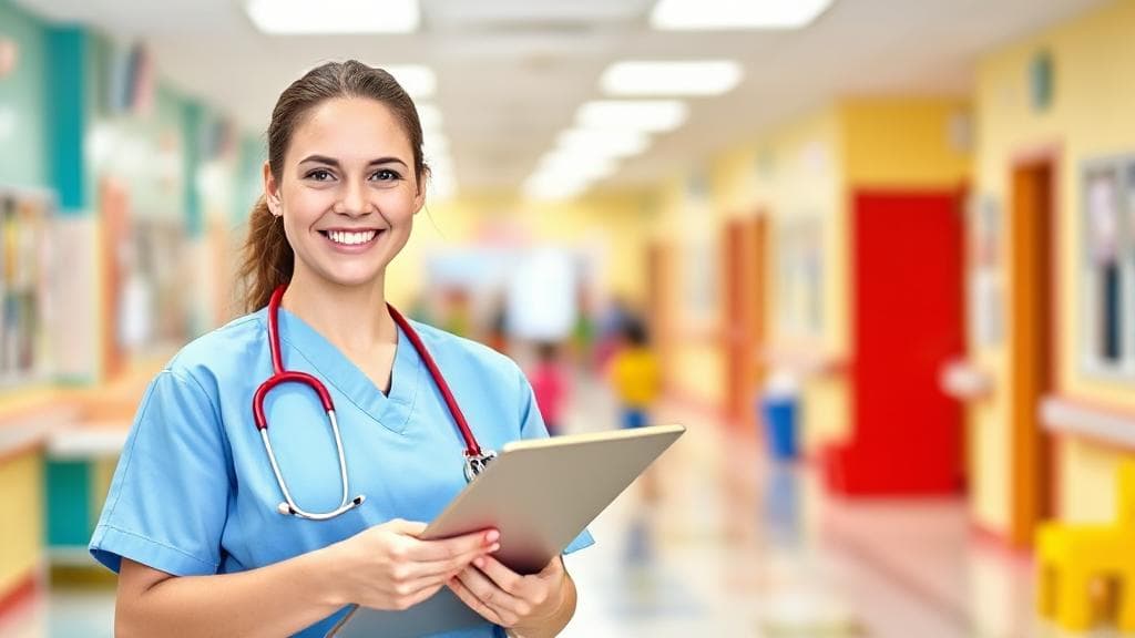 A header image featuring a smiling pediatric nurse in scrubs, holding a clipboard, with a background of a colorful children's hospital ward.