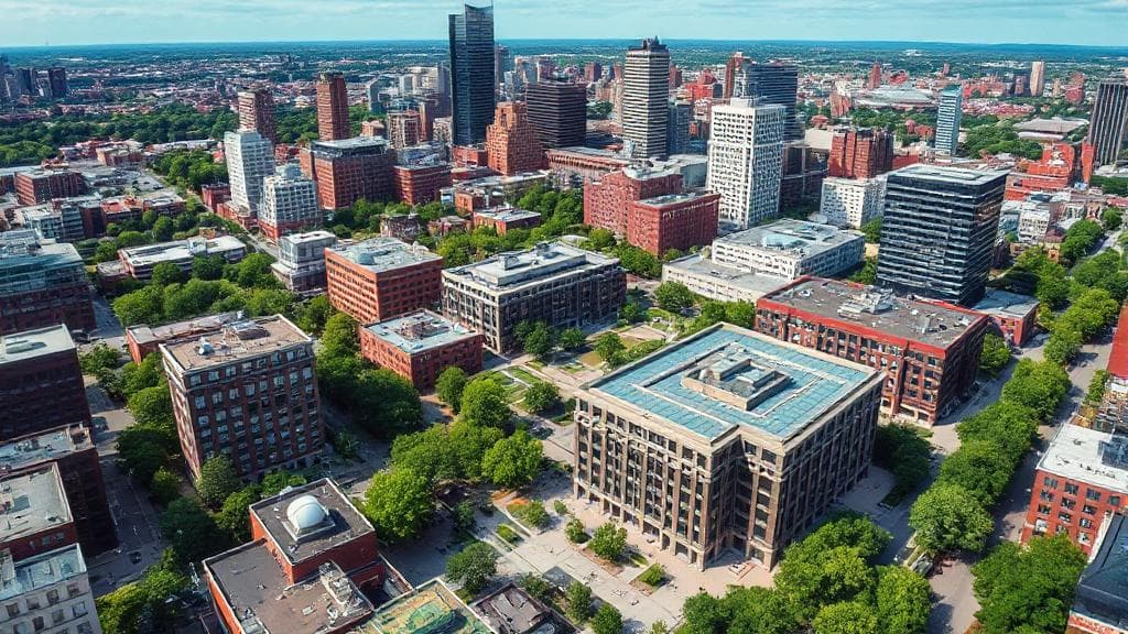 Aerial view of Northeastern University's vibrant urban campus nestled in the heart of Boston, showcasing its modern architecture and lush green spaces.
