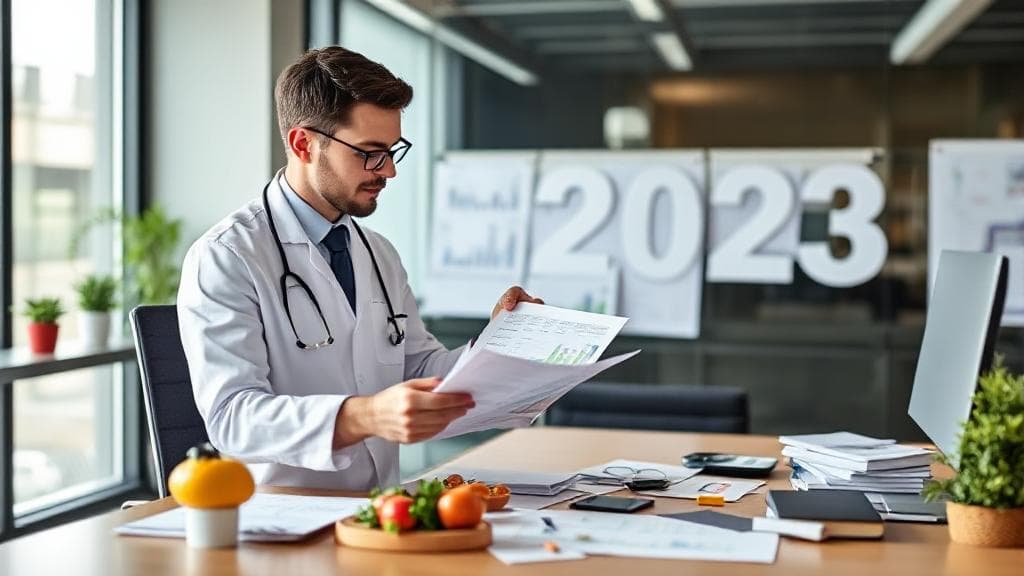 A professional nutritionist analyzing dietary charts and data on a modern office desk, symbolizing the evolving landscape and value of nutrition careers in 2023.