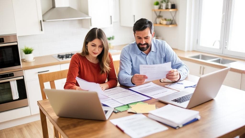 A couple reviewing tax documents at a kitchen table, surrounded by paperwork and a laptop, symbolizing the complexities of filing as head of household while married.