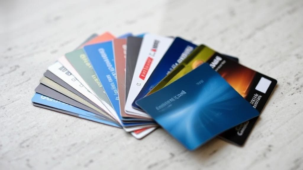 A thoughtful composition featuring a variety of credit cards fanned out on a table, symbolizing the decision-making process involved in choosing an additional card.