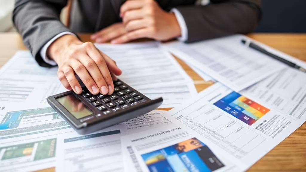 A thoughtful person reviewing financial documents with a calculator and credit card statements spread across a table, symbolizing the decision-making process of debt consolidation.
