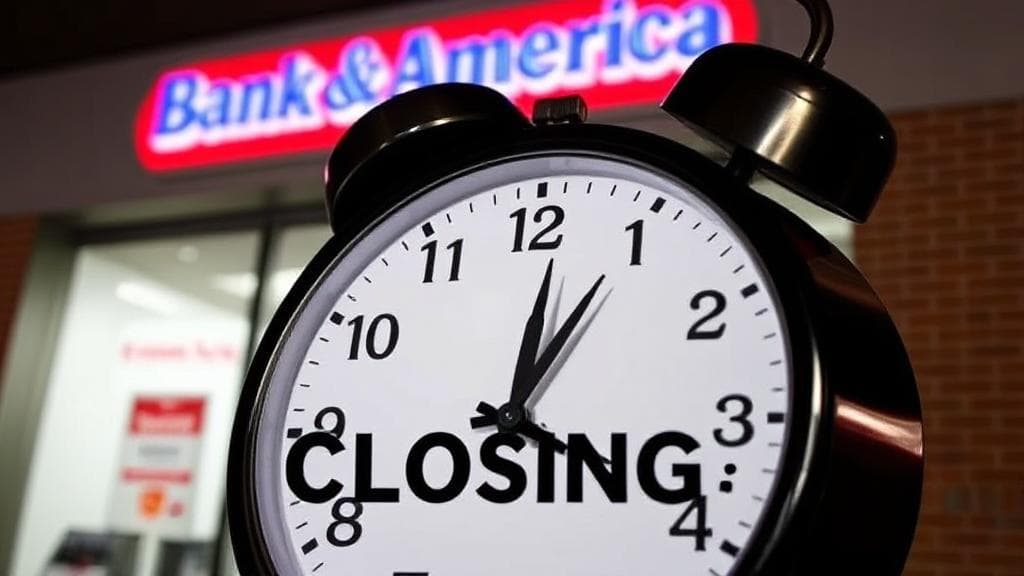 A clock showing 5 PM with a Bank of America branch in the background, symbolizing closing time.