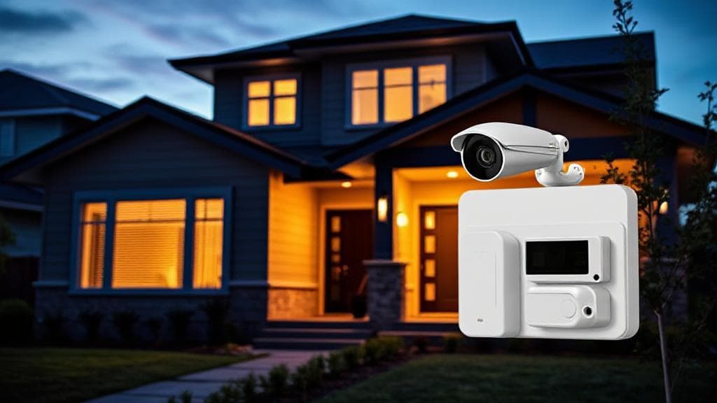 A modern home exterior at dusk with a visible security camera and alarm system signage, symbolizing advanced home protection.