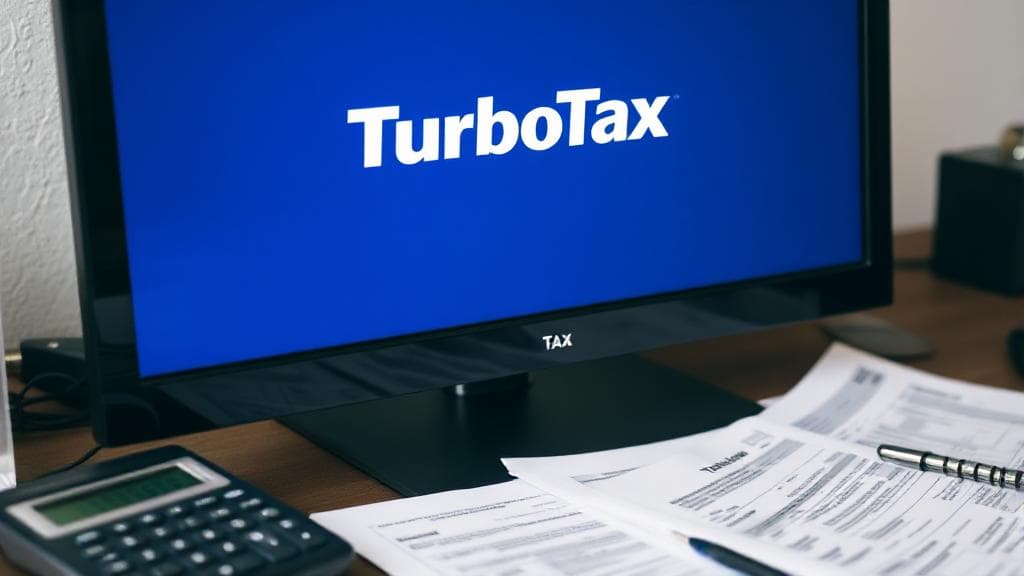 A close-up of a computer screen displaying the TurboTax logo, surrounded by tax documents and a calculator on a desk.