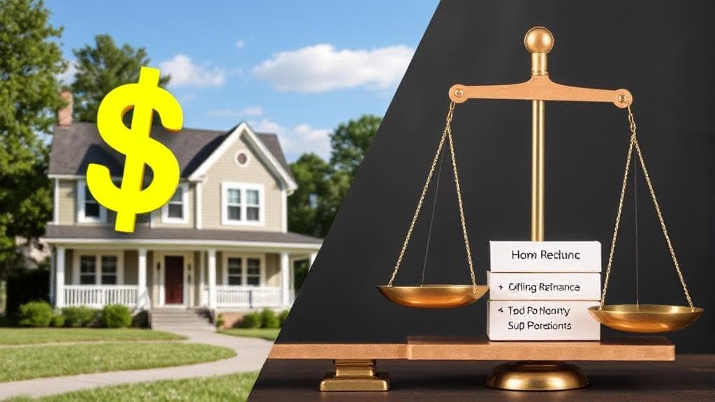 A split image showing a house with dollar signs on one side and a balance scale weighing refinance and home equity loan options on the other.